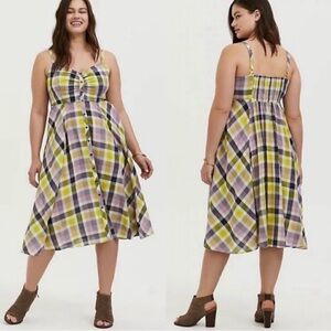 Torrid Purple & Yellow Plaid Button Midi Dress Womens 2X Challis Fit & Flare